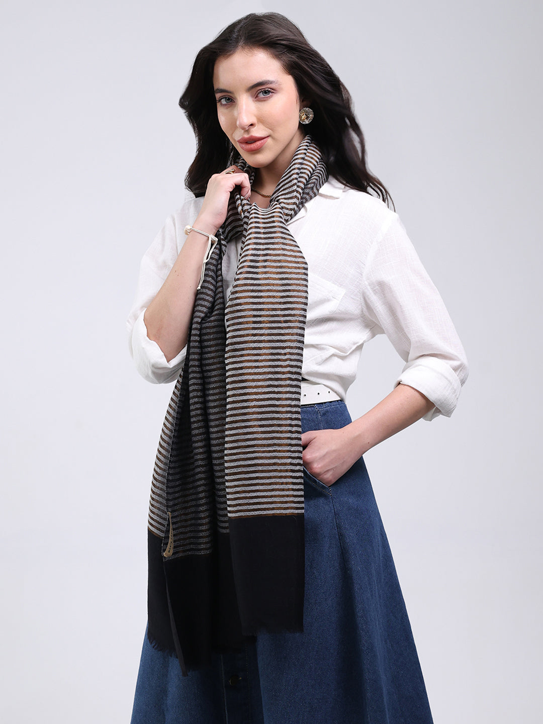 Women Grey & Black Solid Wool Blend Stole