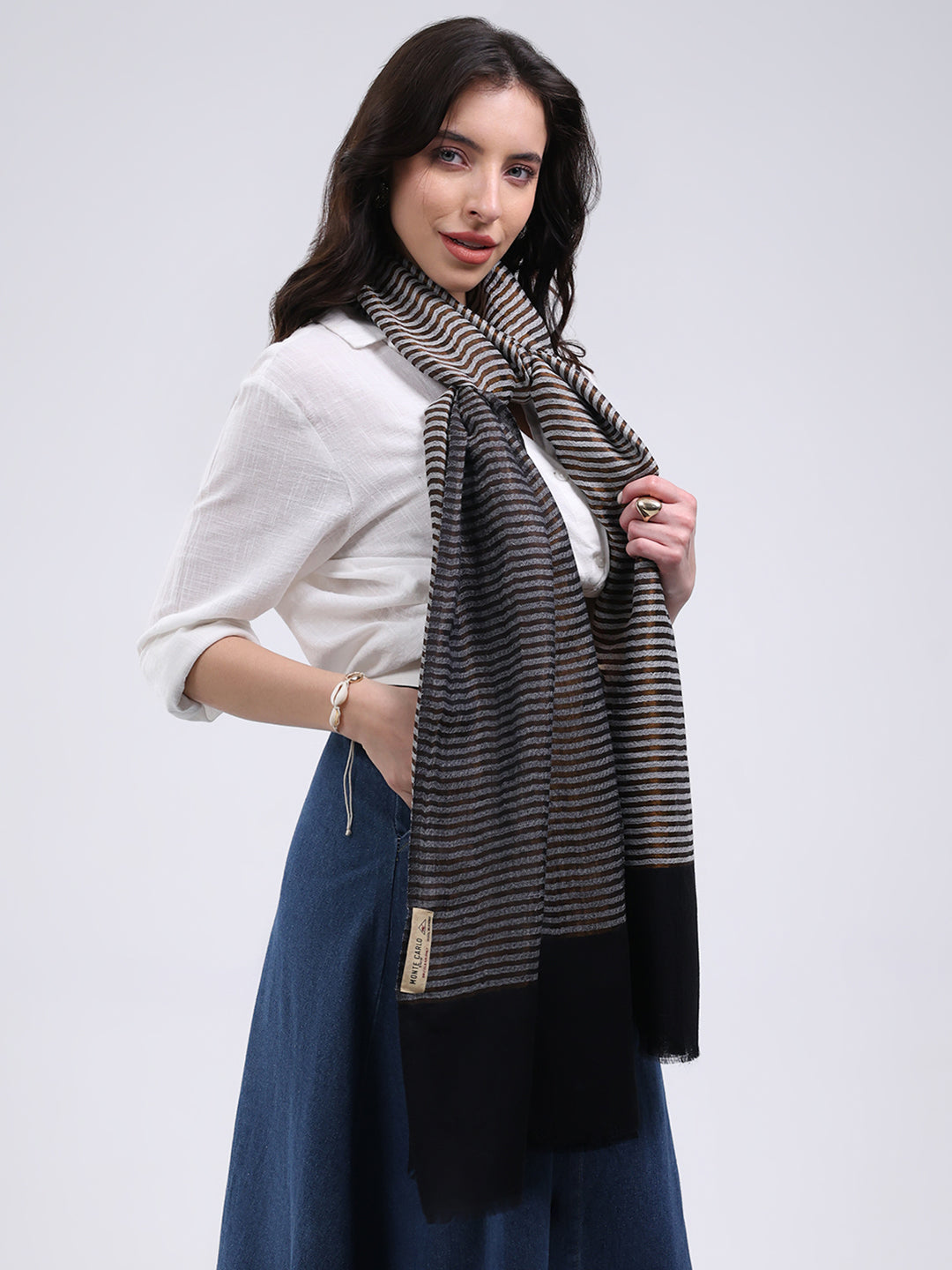 Women Grey & Black Solid Wool Blend Stole