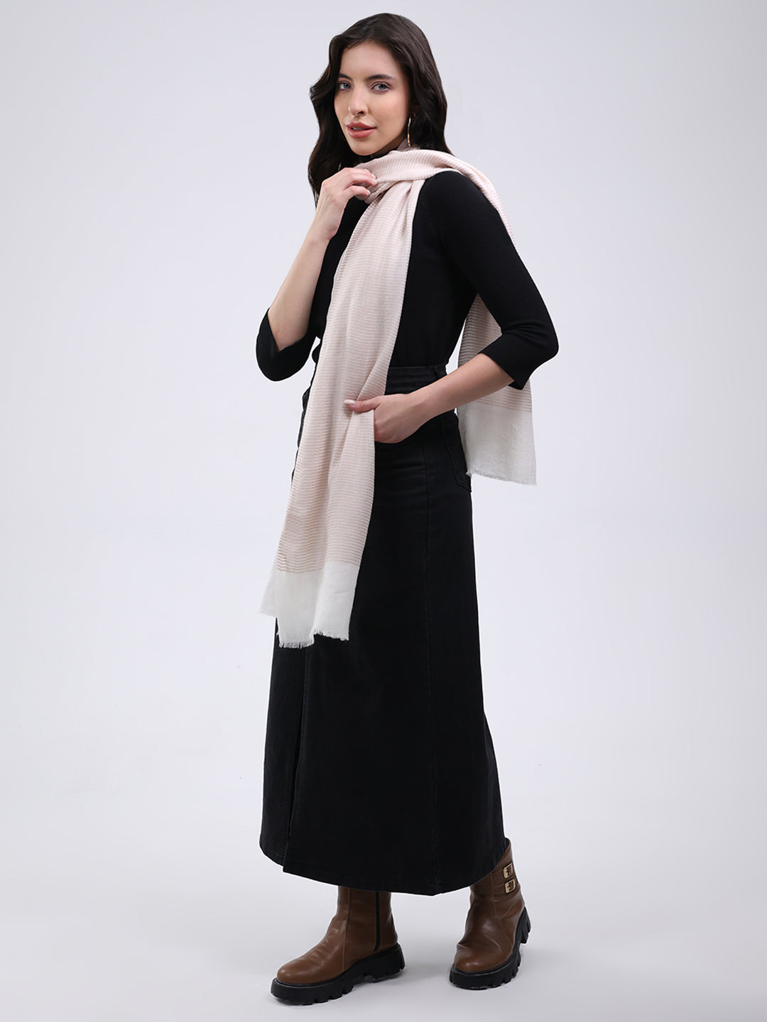 Women Cream Solid Wool Blend Stole