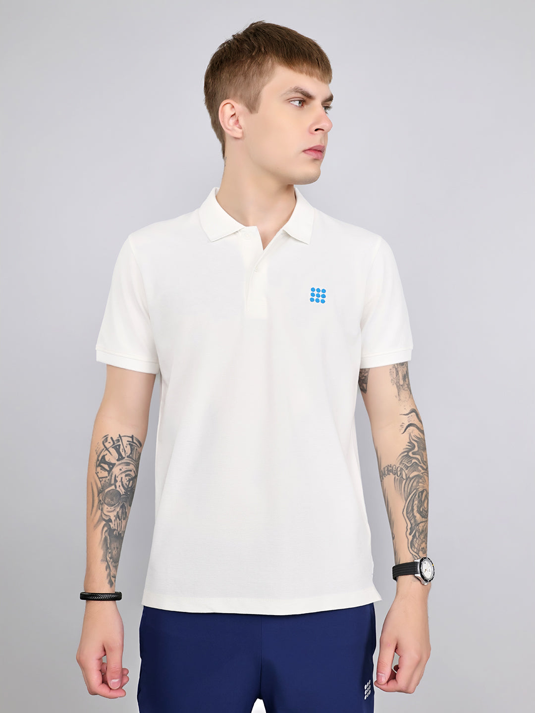 Rock.it Men Off White Solid Collar Half Sleeve T-Shirt