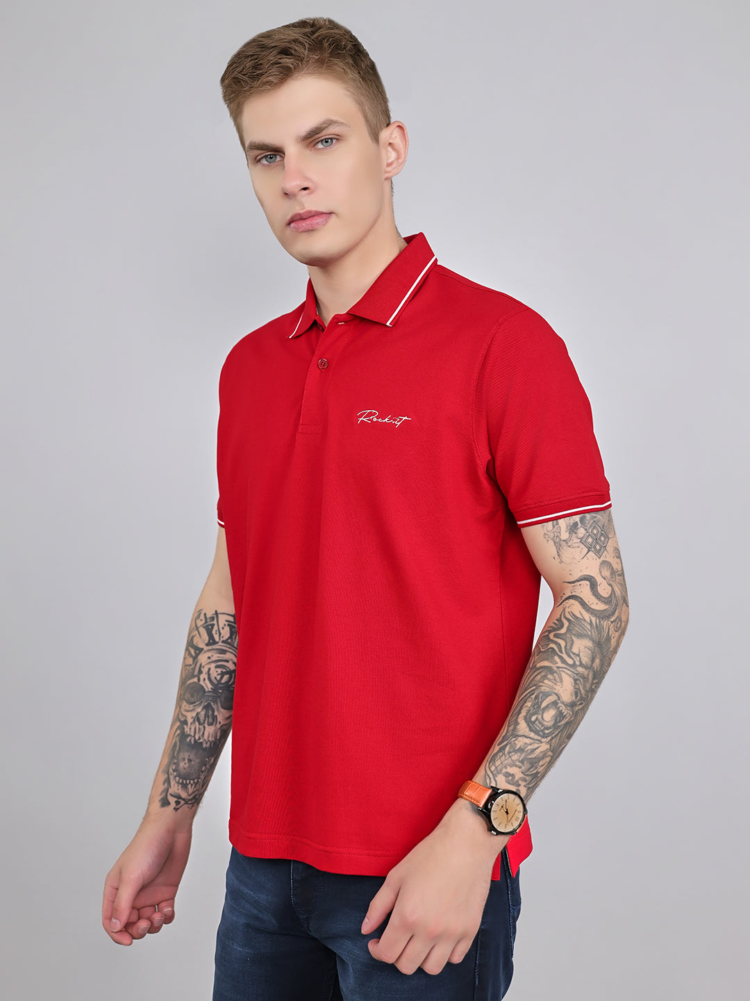 Rock.it Men Red Solid Collar Half Sleeve T-Shirt