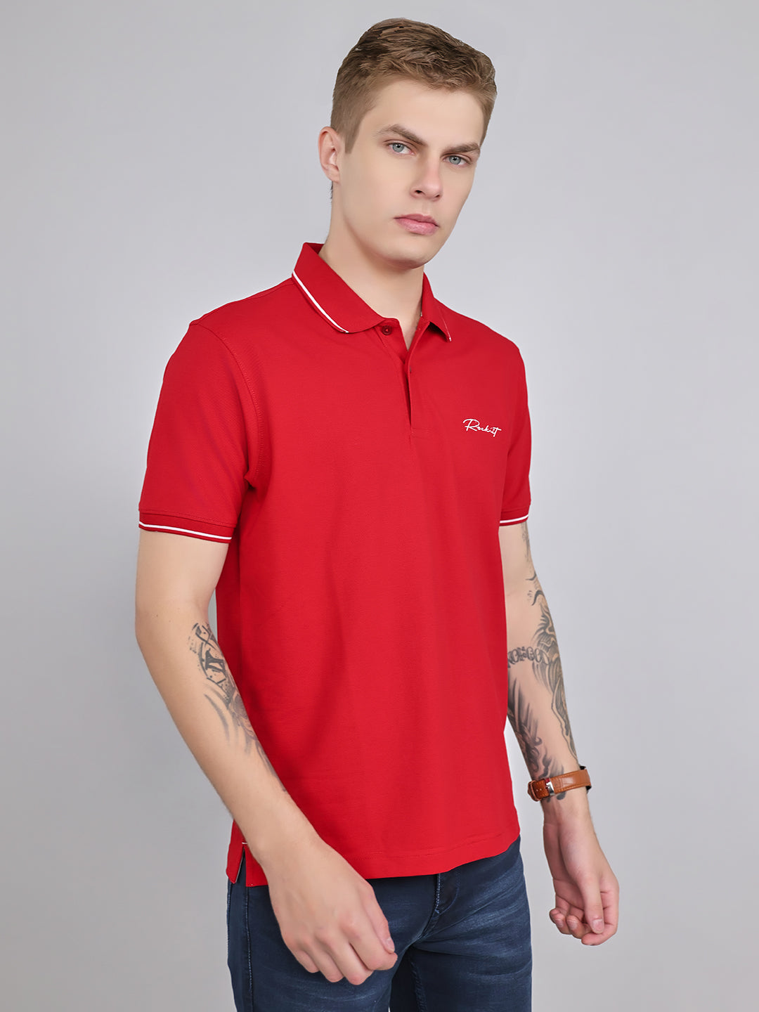 Rock.it Men Red Solid Collar Half Sleeve T-Shirt