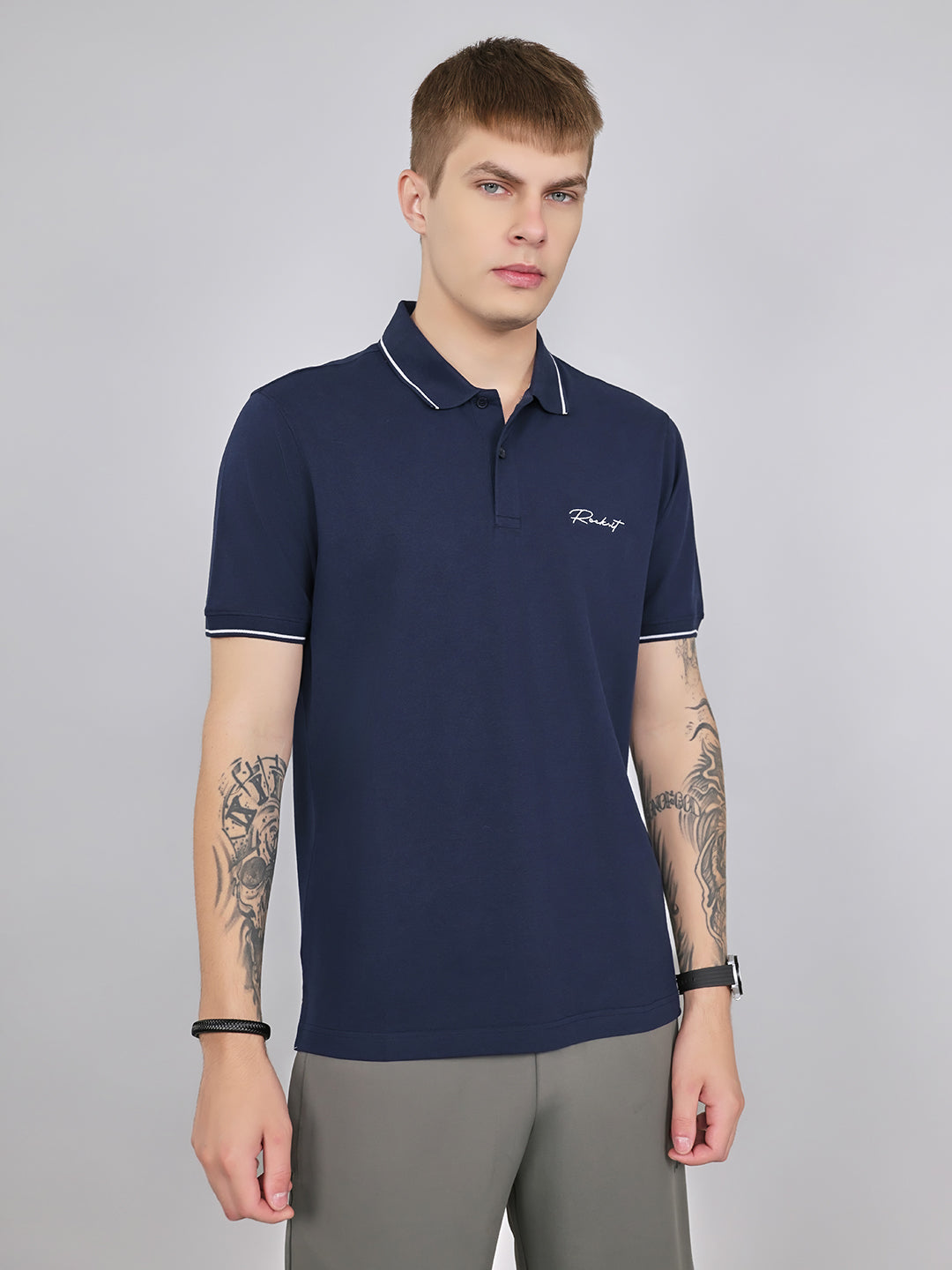Rock.it Men Navy Blue Solid Collar Half Sleeve T-Shirt