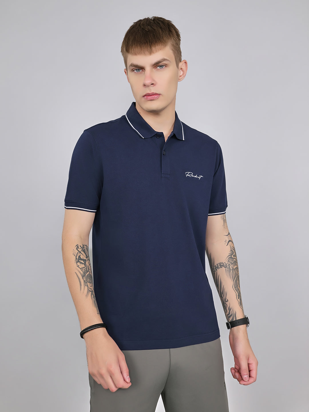 Rock.it Men Navy Blue Solid Collar Half Sleeve T-Shirt