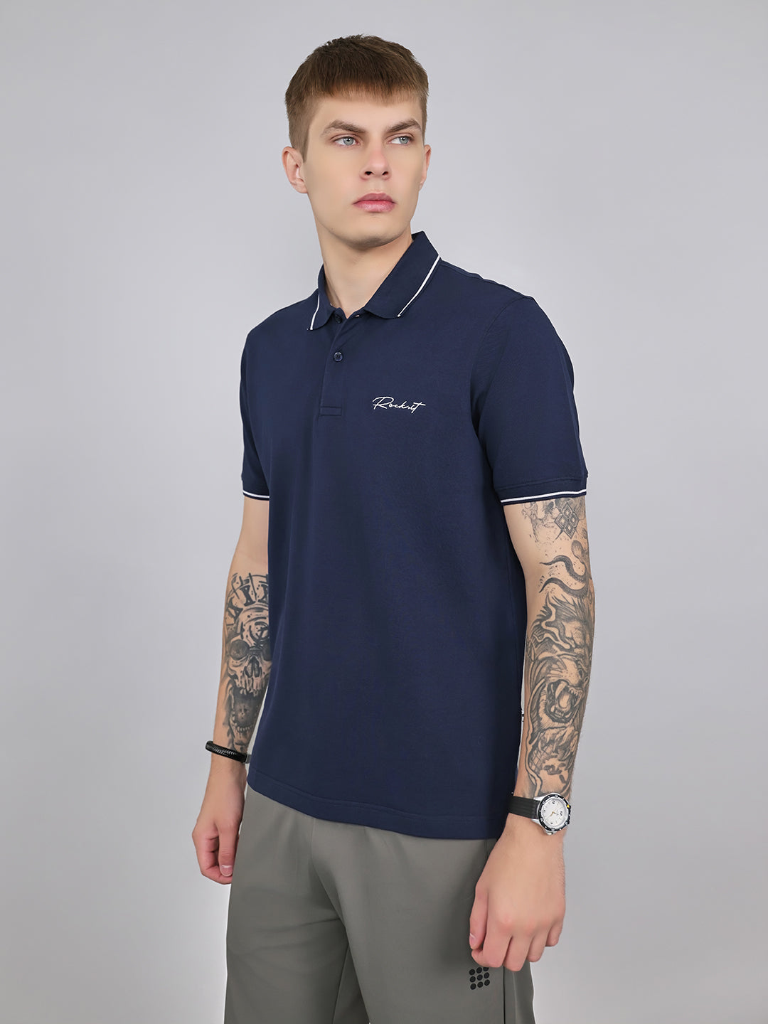 Rock.it Men Navy Blue Solid Collar Half Sleeve T-Shirt