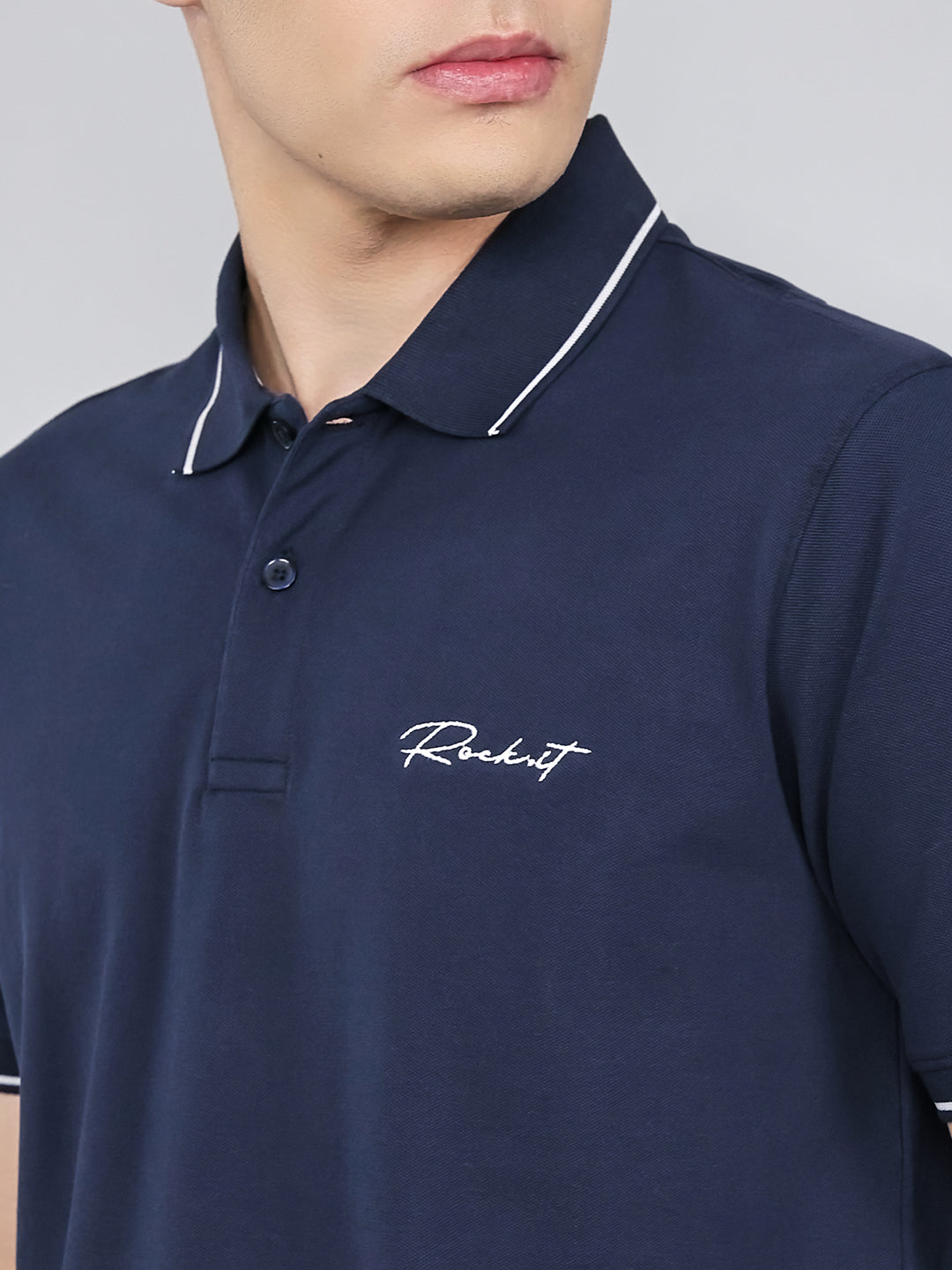 Rock.it Men Navy Blue Solid Collar Half Sleeve T-Shirt