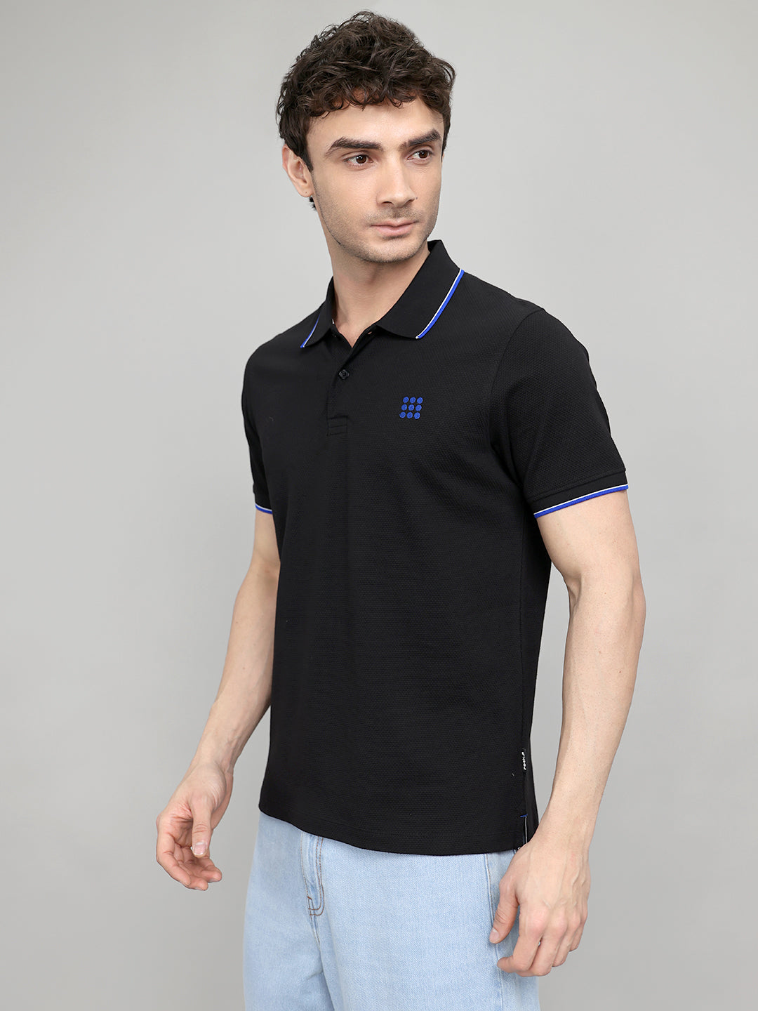 Rock.it Men Black Self Design Collar Half Sleeve T-Shirt