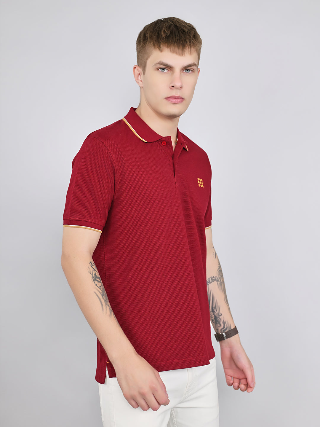 Rock.it Men Maroon Self Design Collar Half Sleeve T-Shirt