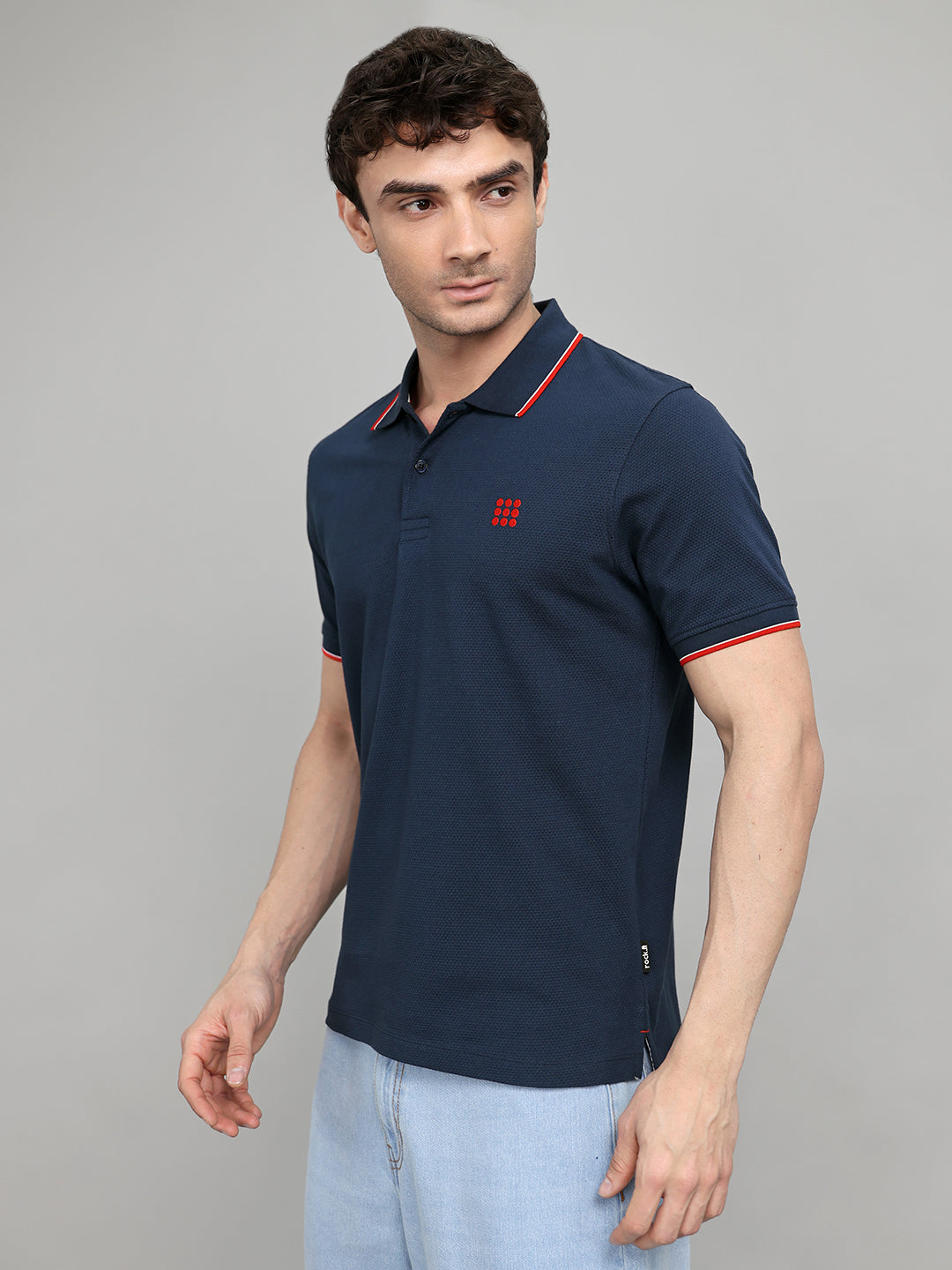 Rock.it Men Dark Blue Self Design Collar Half Sleeve T-Shirt