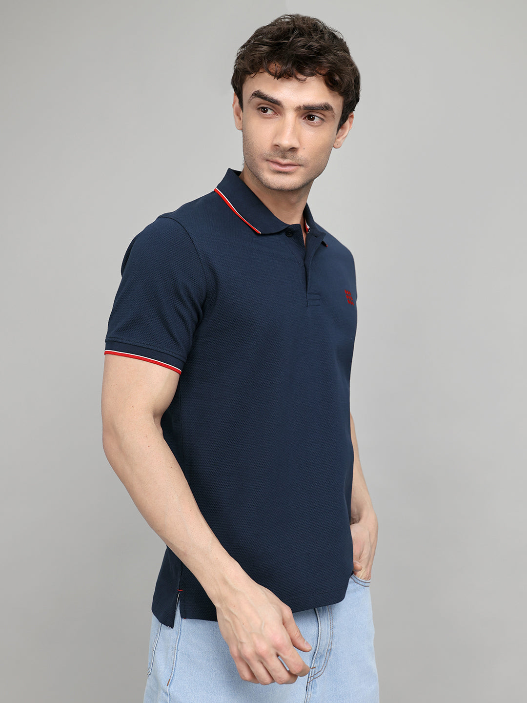 Rock.it Men Dark Blue Self Design Collar Half Sleeve T-Shirt