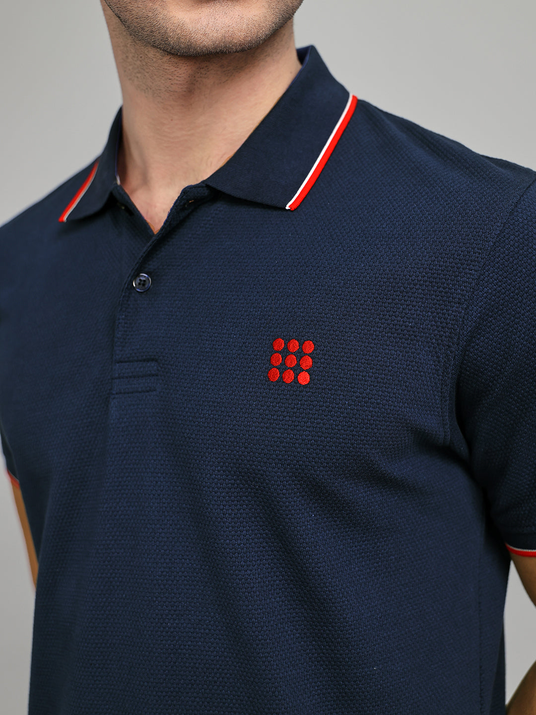 Rock.it Men Dark Blue Self Design Collar Half Sleeve T-Shirt