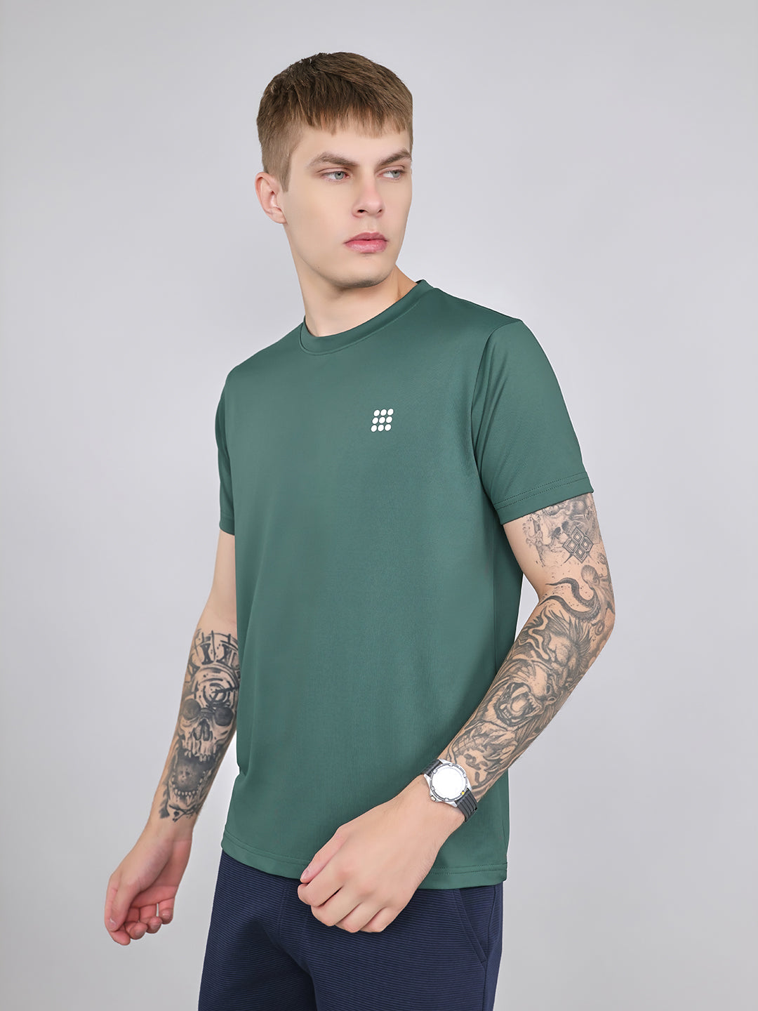 Rock.it Men Green Solid Round Neck Half Sleeve T-Shirt