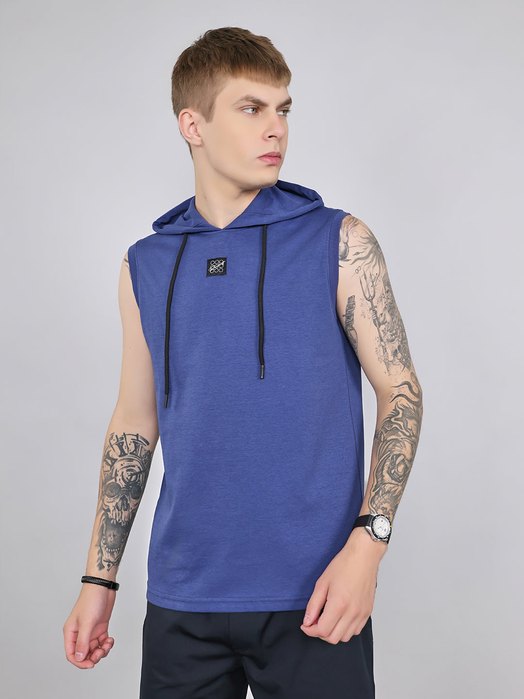 Rock.it Men Blue Solid Hooded Sleeveless T-Shirt