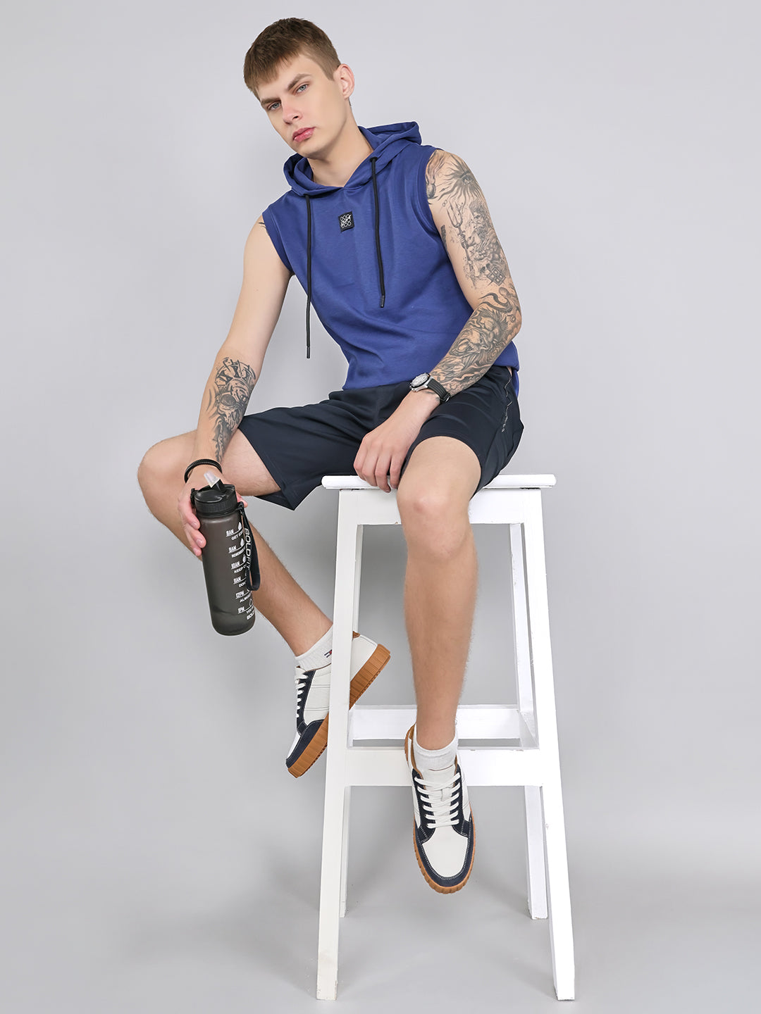 Rock.it Men Blue Solid Hooded Sleeveless T-Shirt