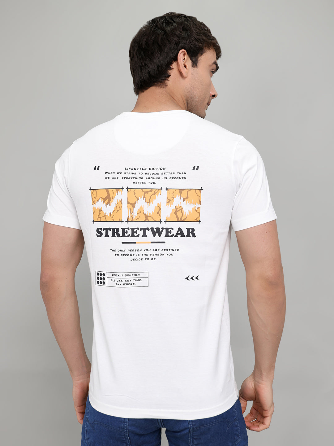 Rock.it Men White Printed Round Neck Half Sleeve T-Shirt