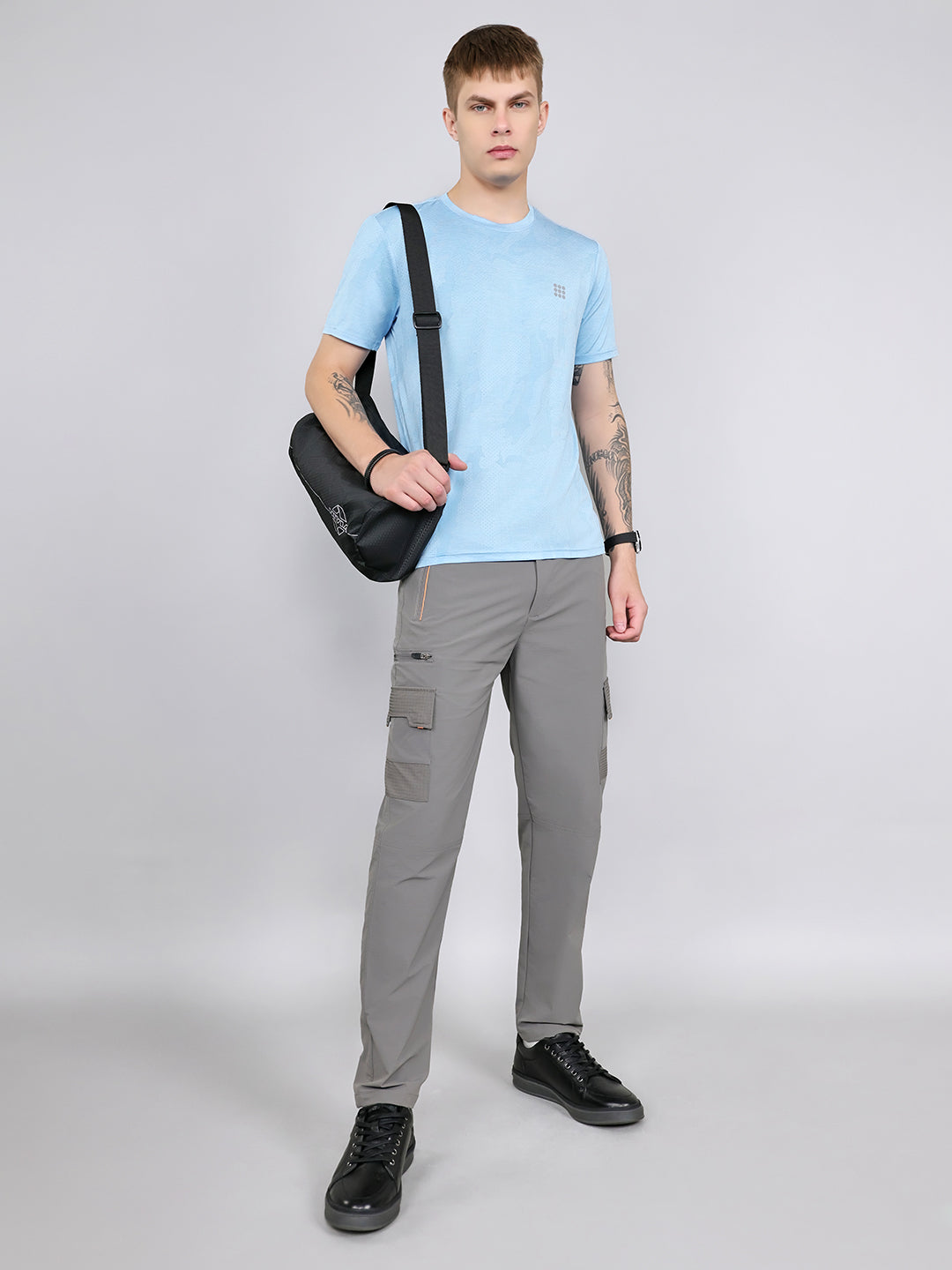 Rock.it Men Sky Blue Jacquard Round Neck Half Sleeve T-Shirt