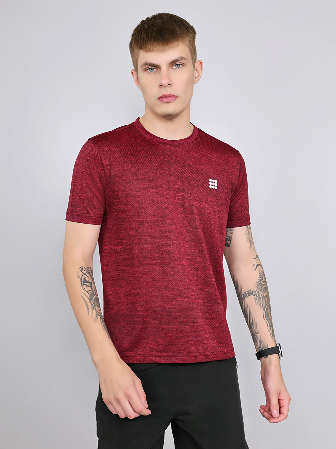 Rock.it Men Maroon Jacquard Round Neck Half Sleeve T-Shirt