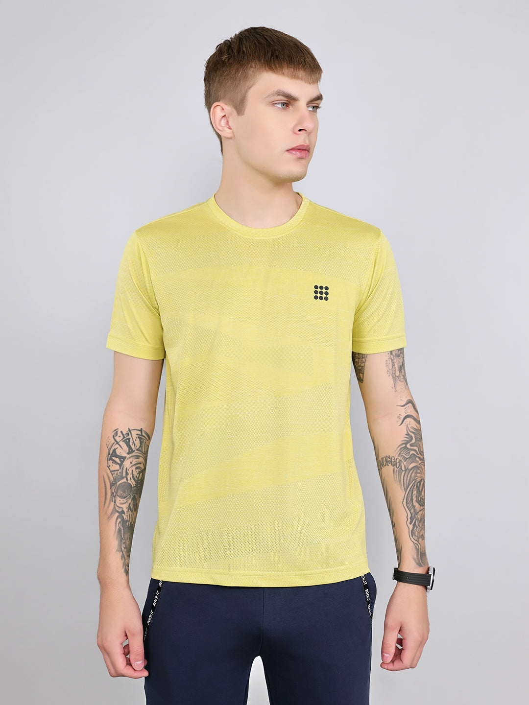 Rock.it Men Yellow Jacquard Round Neck Half Sleeve T-Shirt