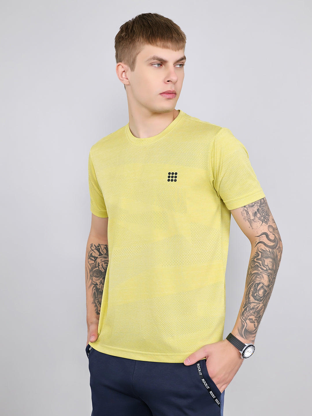 Rock.it Men Yellow Jacquard Round Neck Half Sleeve T-Shirt