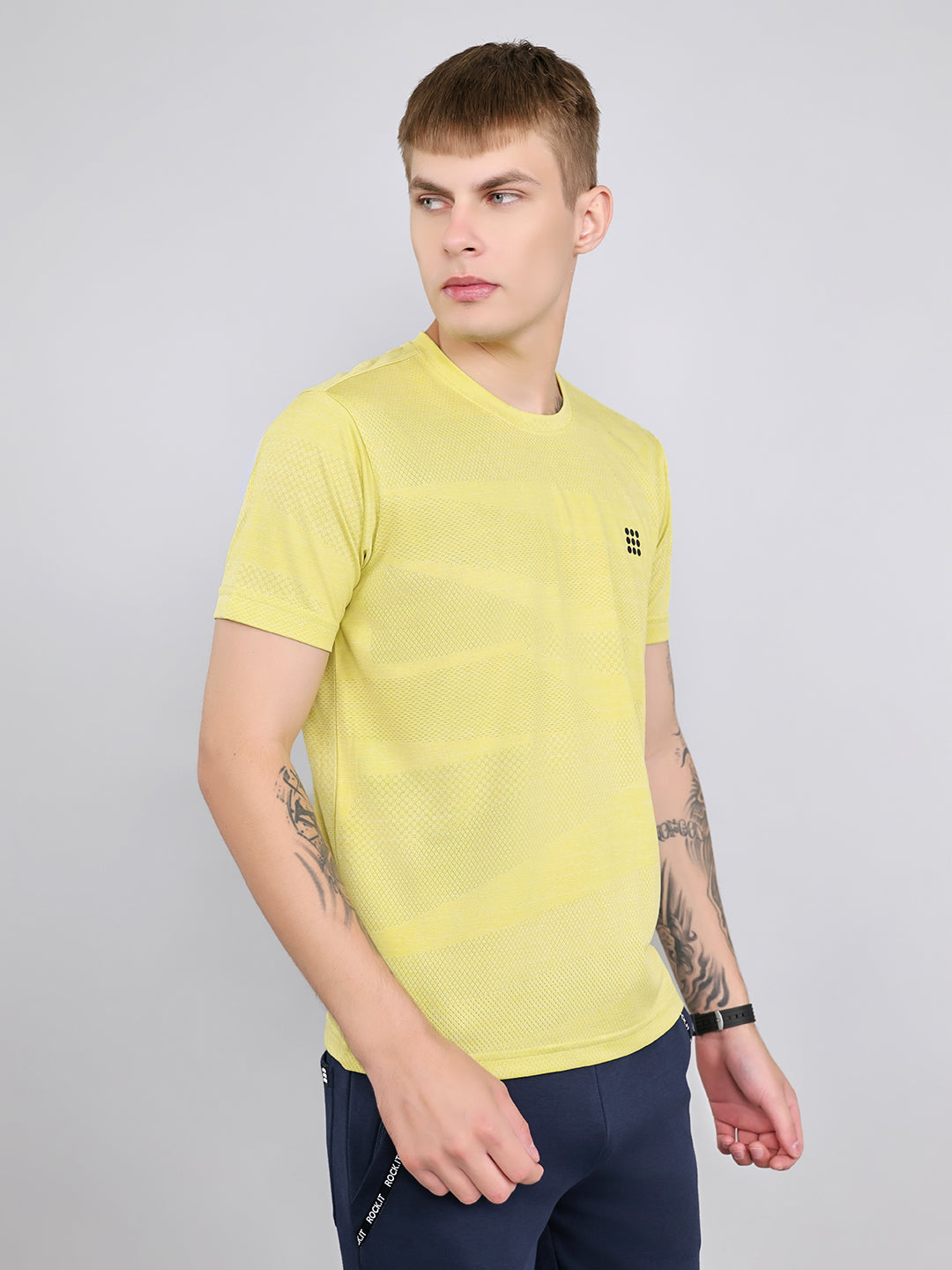 Rock.it Men Yellow Jacquard Round Neck Half Sleeve T-Shirt