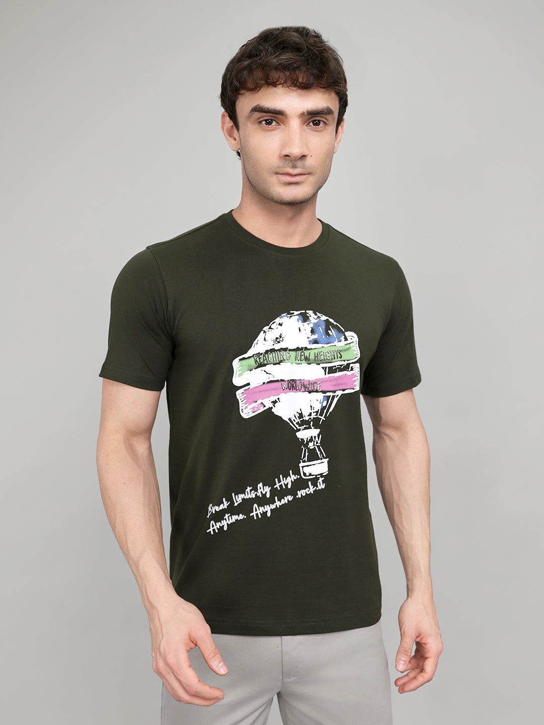 Rock.it Men Olive Printed Round Neck Half Sleeve T-Shirt