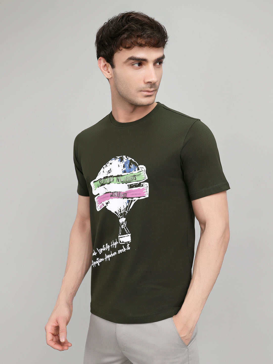 Rock.it Men Olive Printed Round Neck Half Sleeve T-Shirt