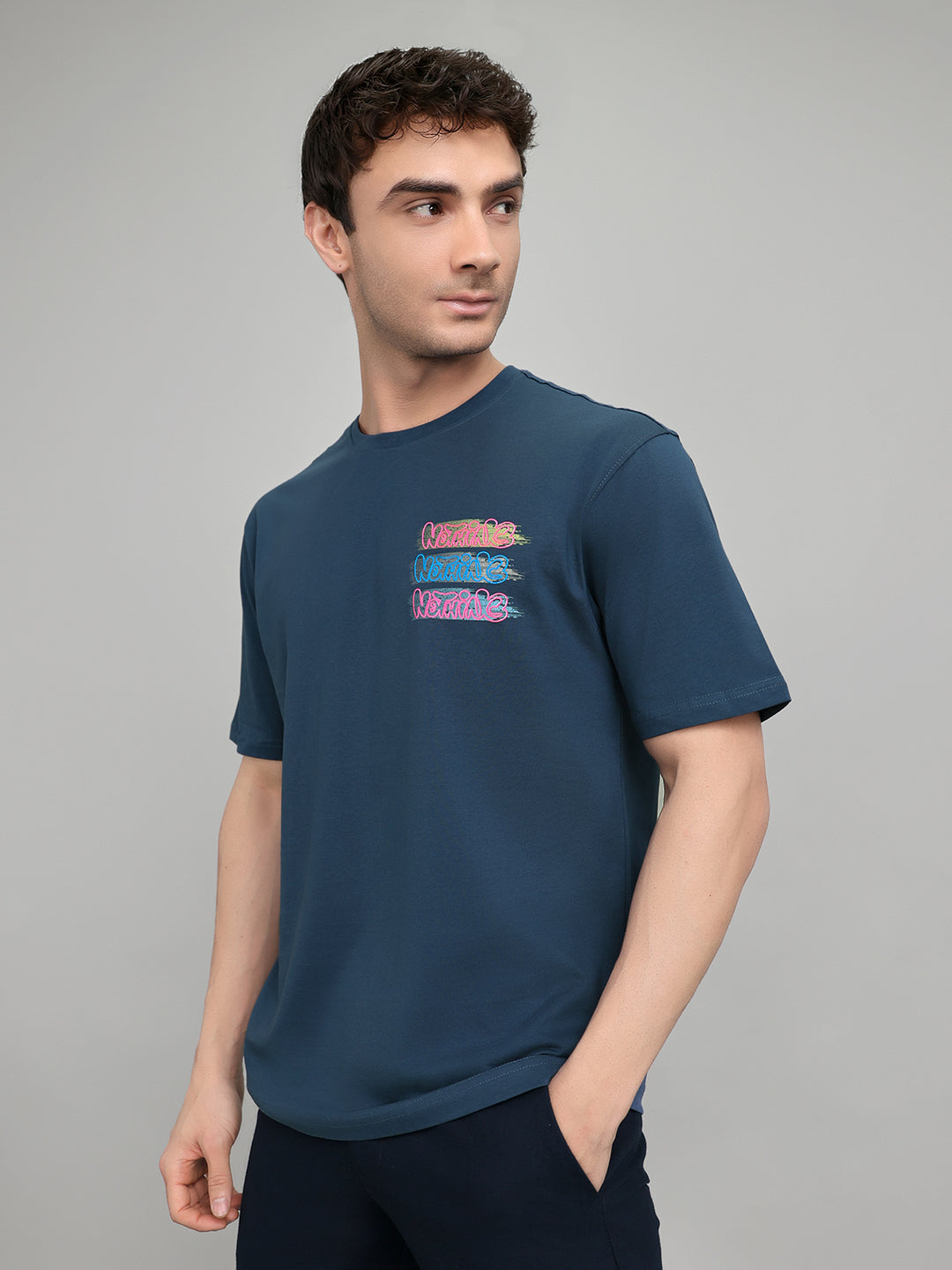 Rock.it Men Dark Blue Back Printed Round Neck Half Sleeve T-Shirt