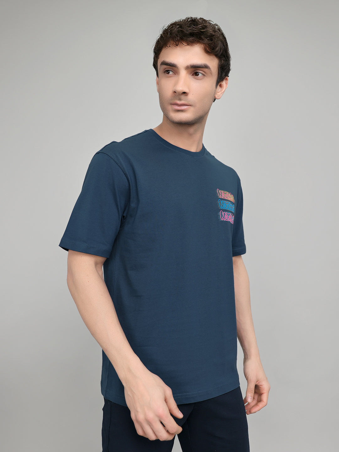 Rock.it Men Dark Blue Back Printed Round Neck Half Sleeve T-Shirt