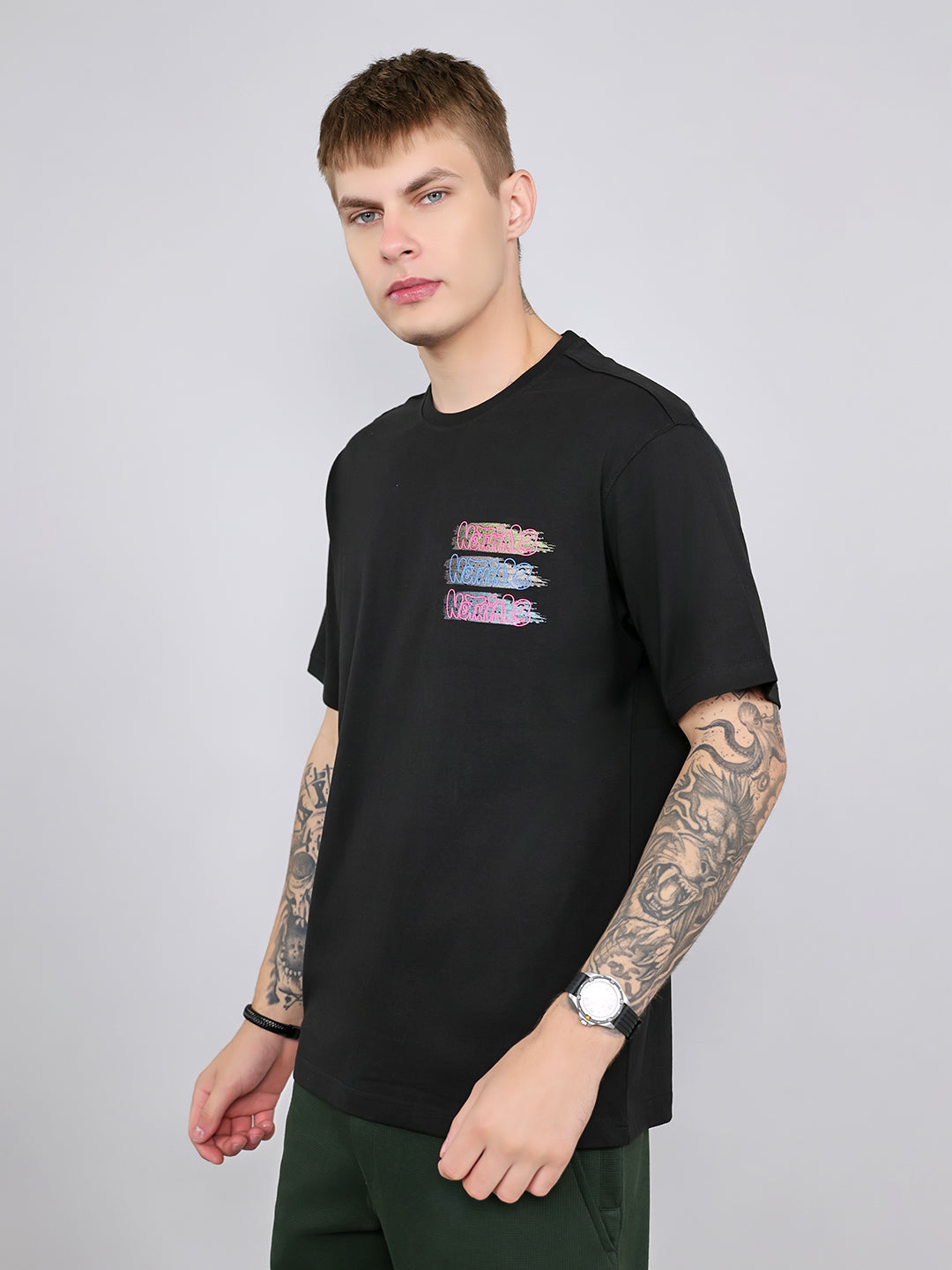 Rock.it Men Black Printed Round Neck Drop Shoulder Half Sleeve T-Shirt