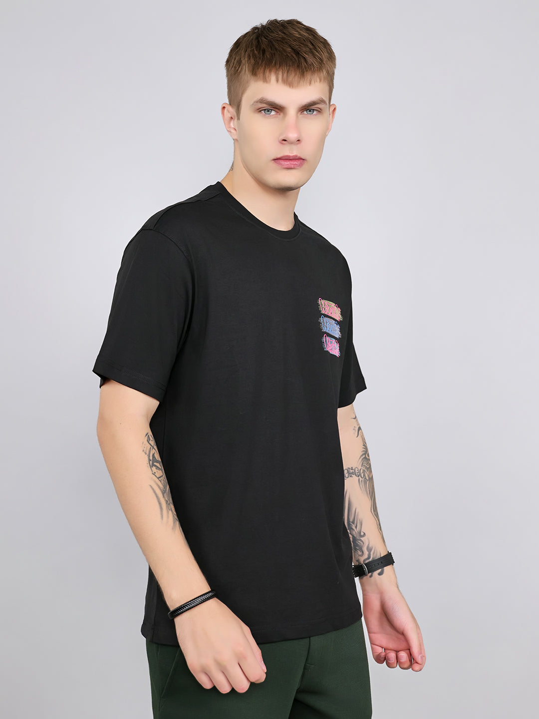 Rock.it Men Black Printed Round Neck Drop Shoulder Half Sleeve T-Shirt