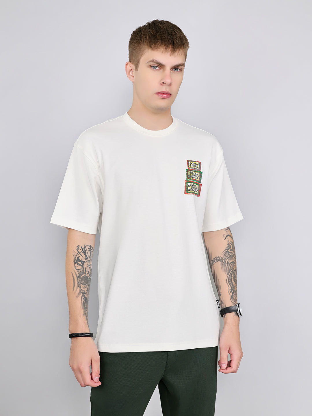 Rock.it Men Off White Printed Round Neck Drop Shoulder Half Sleeve T-Shirt