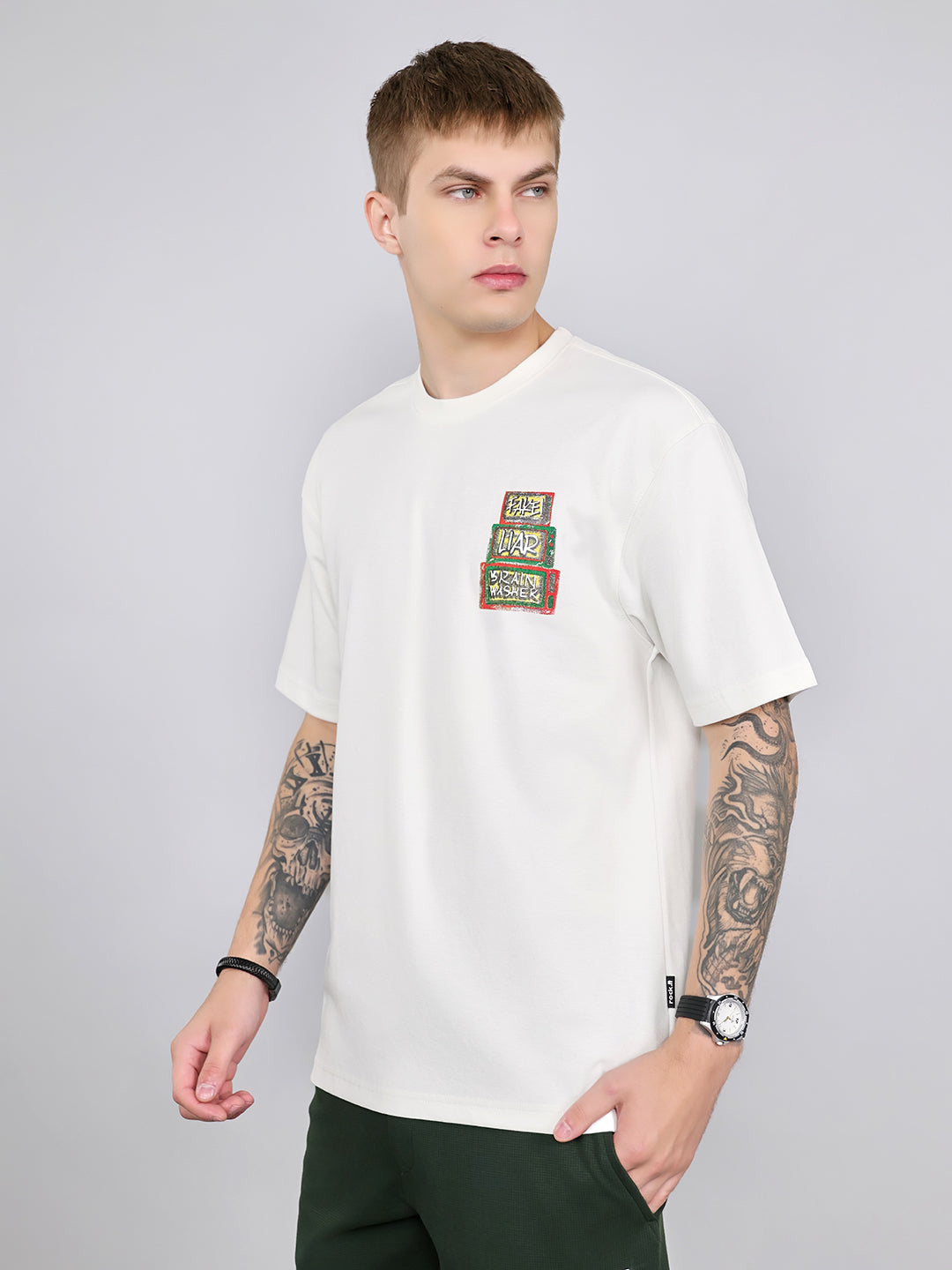 Rock.it Men Off White Printed Round Neck Drop Shoulder Half Sleeve T-Shirt