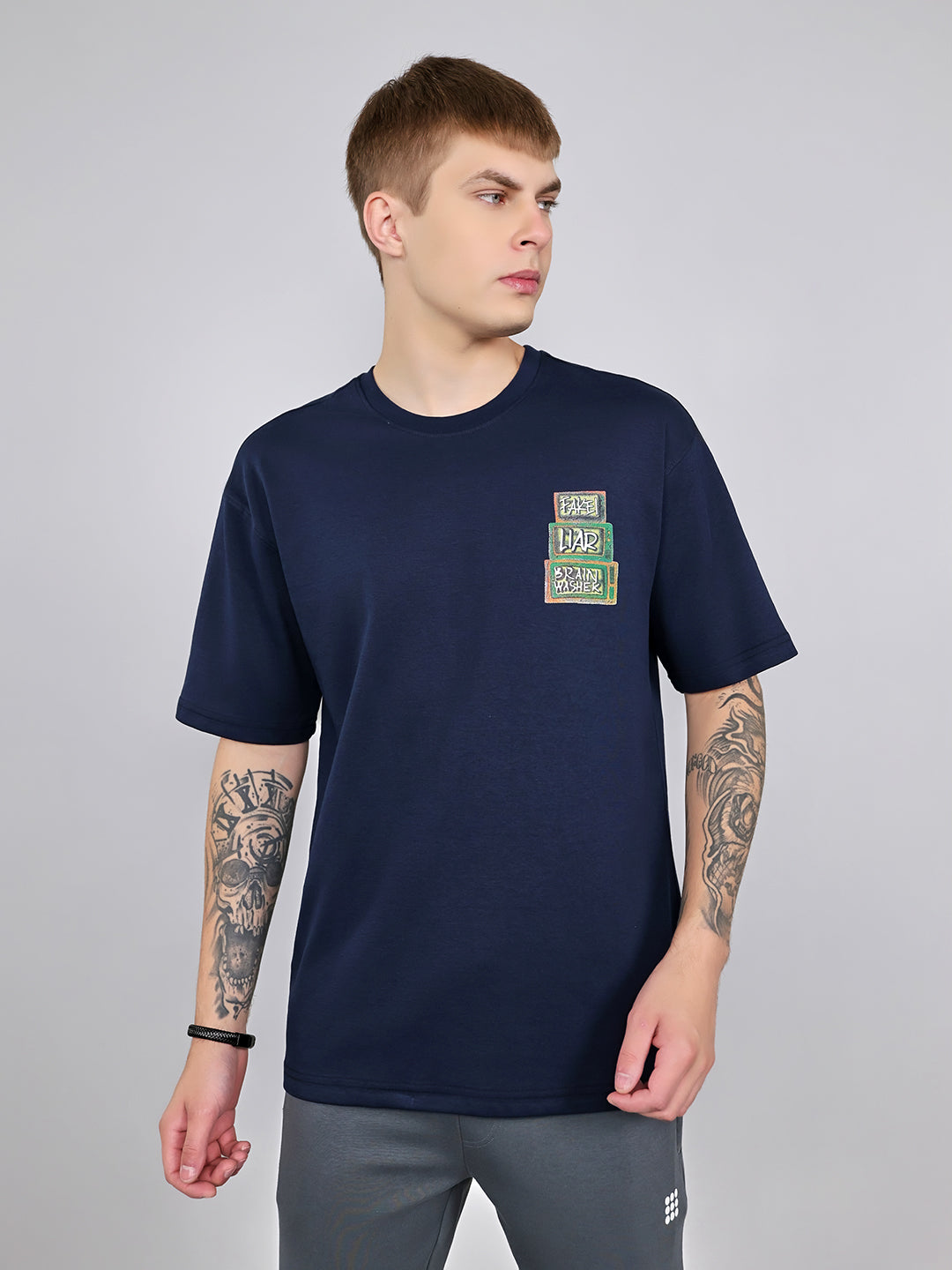 Rock.it Men Navy Blue Printed Round Neck Drop Shoulder Half Sleeve T-Shirt