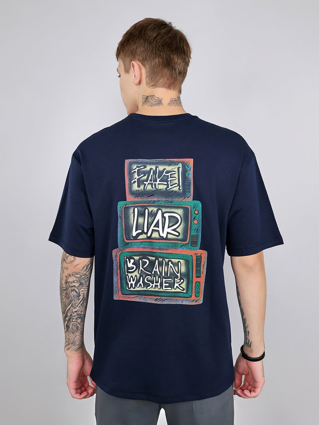 Rock.it Men Navy Blue Printed Round Neck Drop Shoulder Half Sleeve T-Shirt