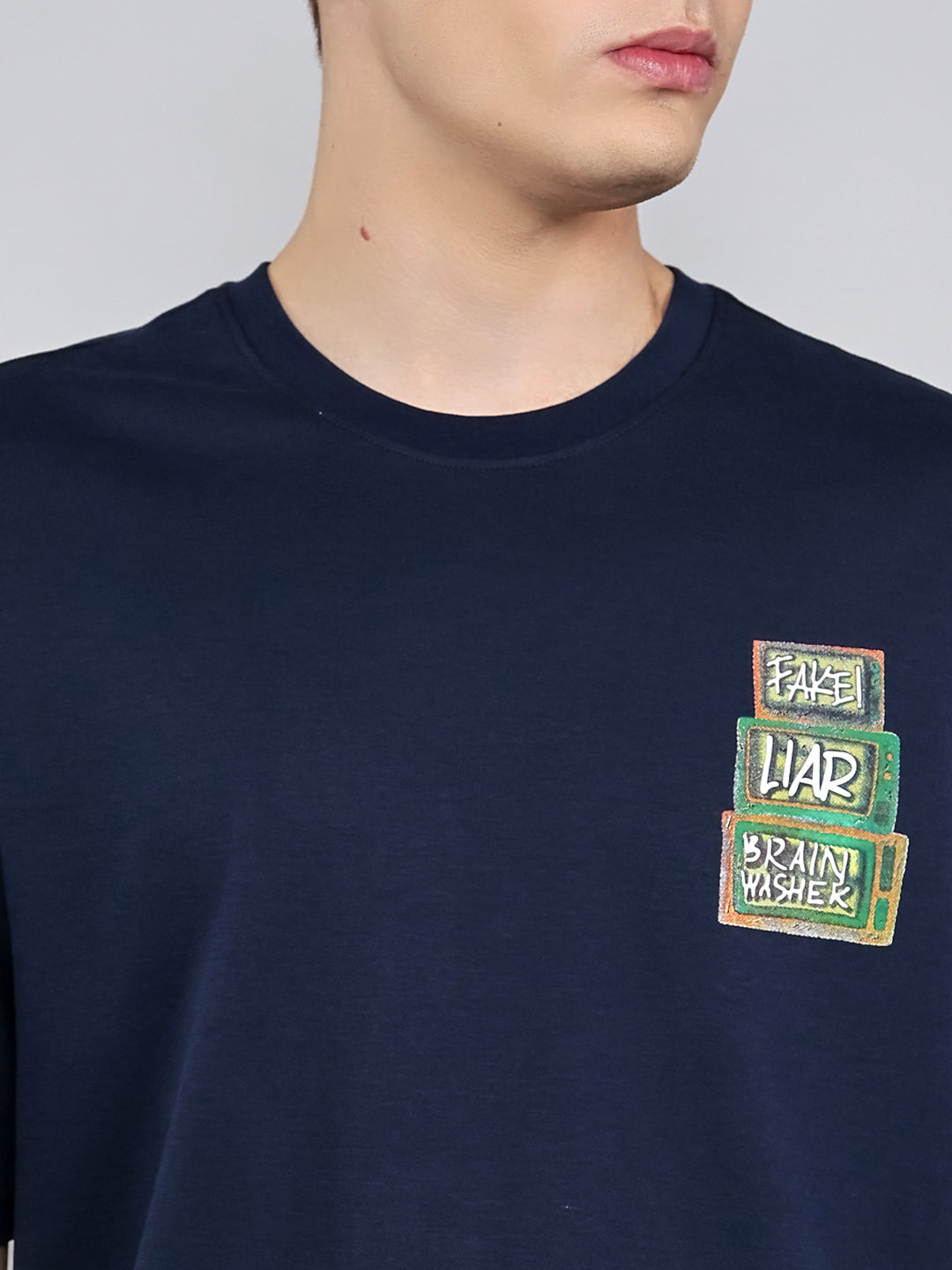 Rock.it Men Navy Blue Printed Round Neck Drop Shoulder Half Sleeve T-Shirt