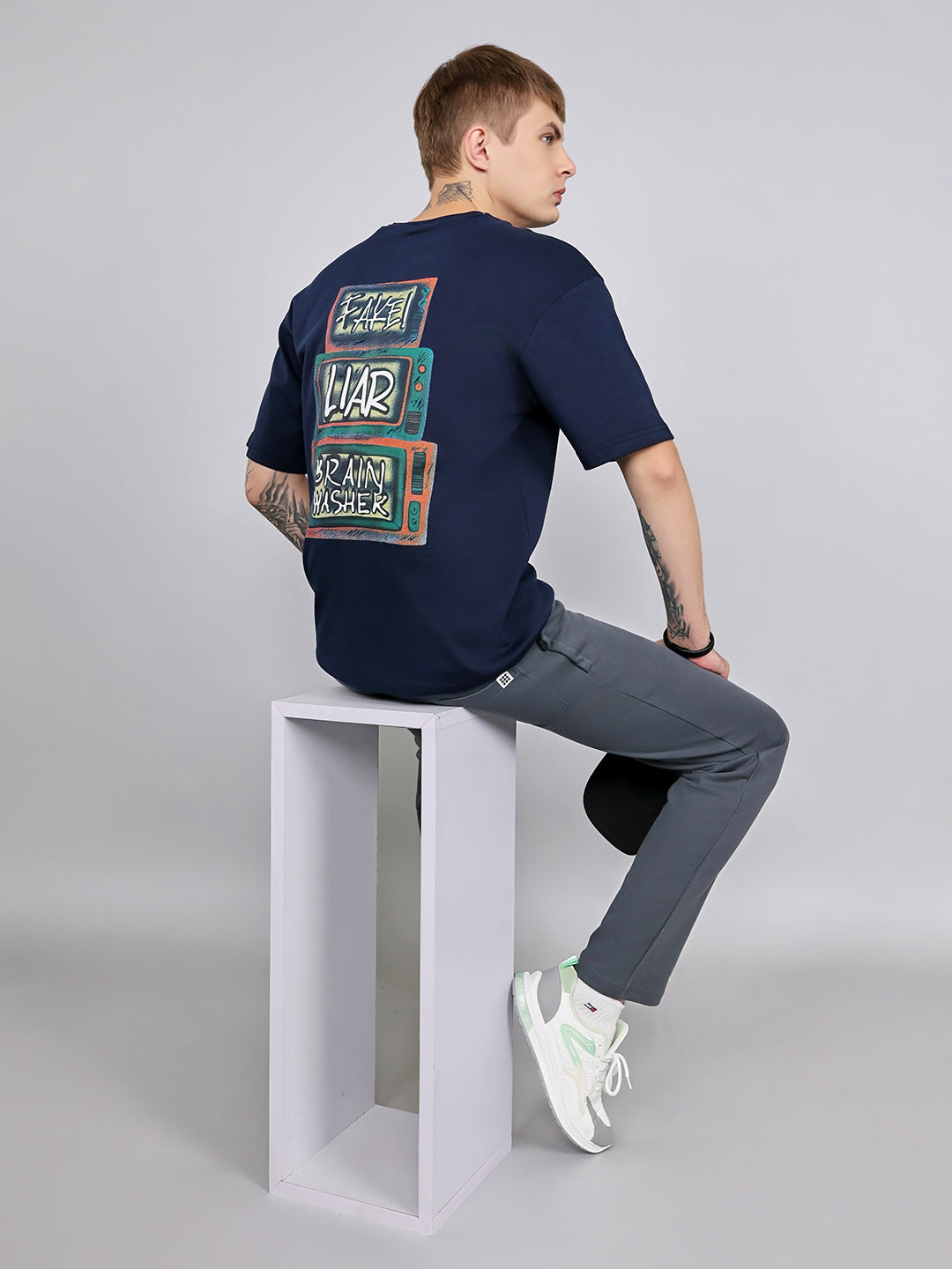 Rock.it Men Navy Blue Printed Round Neck Drop Shoulder Half Sleeve T-Shirt