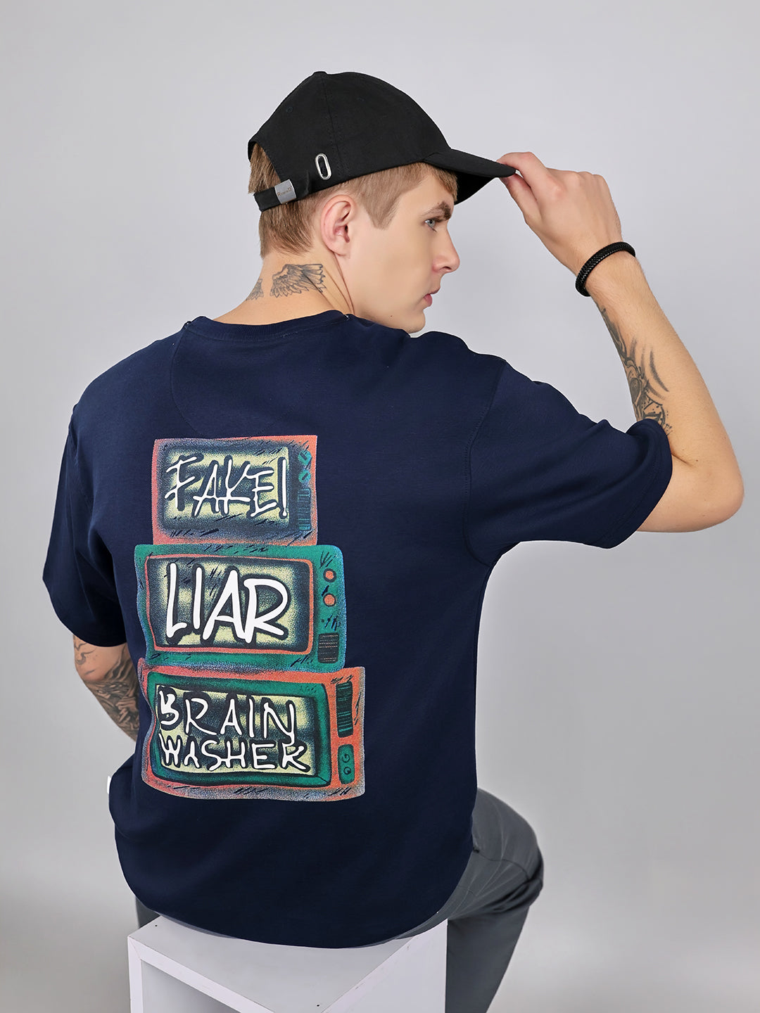 Rock.it Men Navy Blue Printed Round Neck Drop Shoulder Half Sleeve T-Shirt