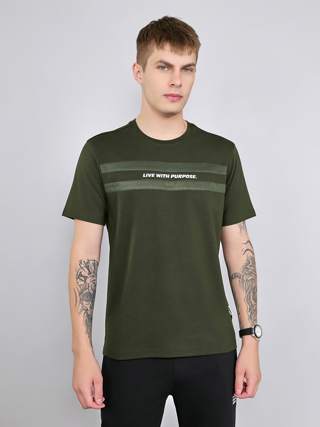Rock.it Men Olive Solid Round Neck Half Sleeve T-Shirt