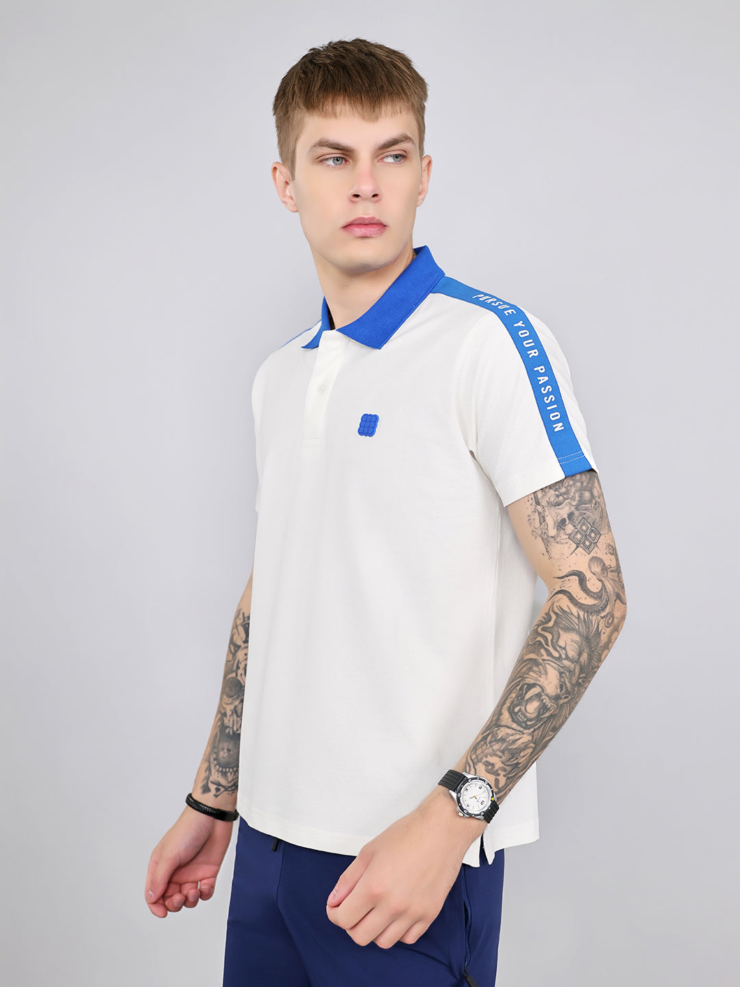 Rock.it Men White Solid Collar Half Sleeve T-Shirt