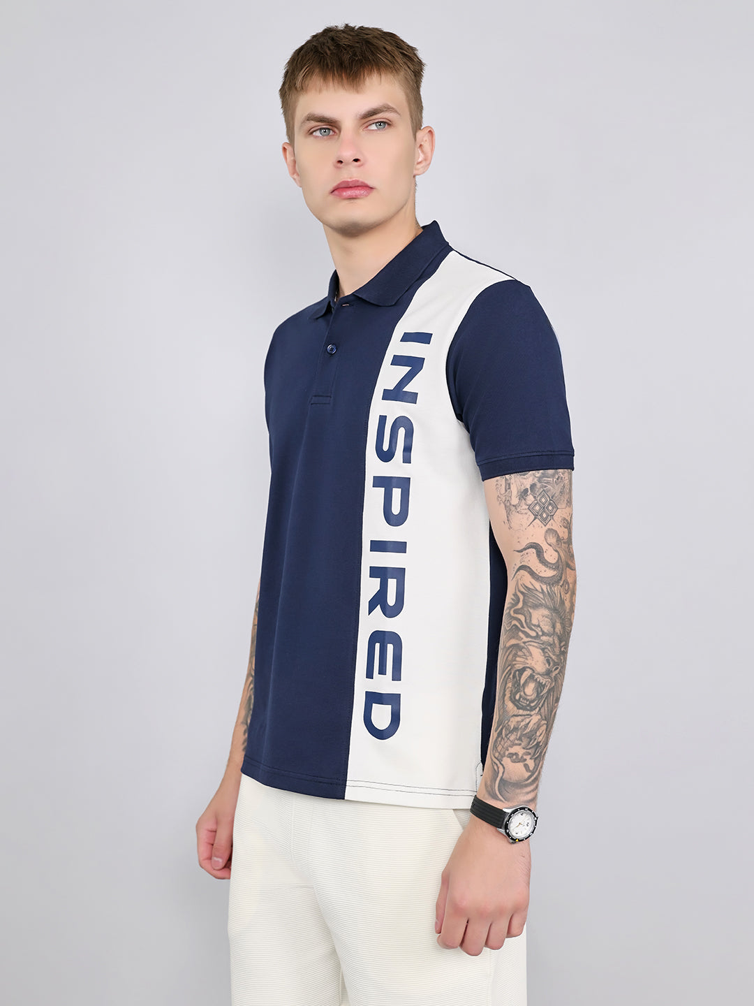 Rock.it Men Navy Blue Printed Collar Half Sleeve T-Shirt