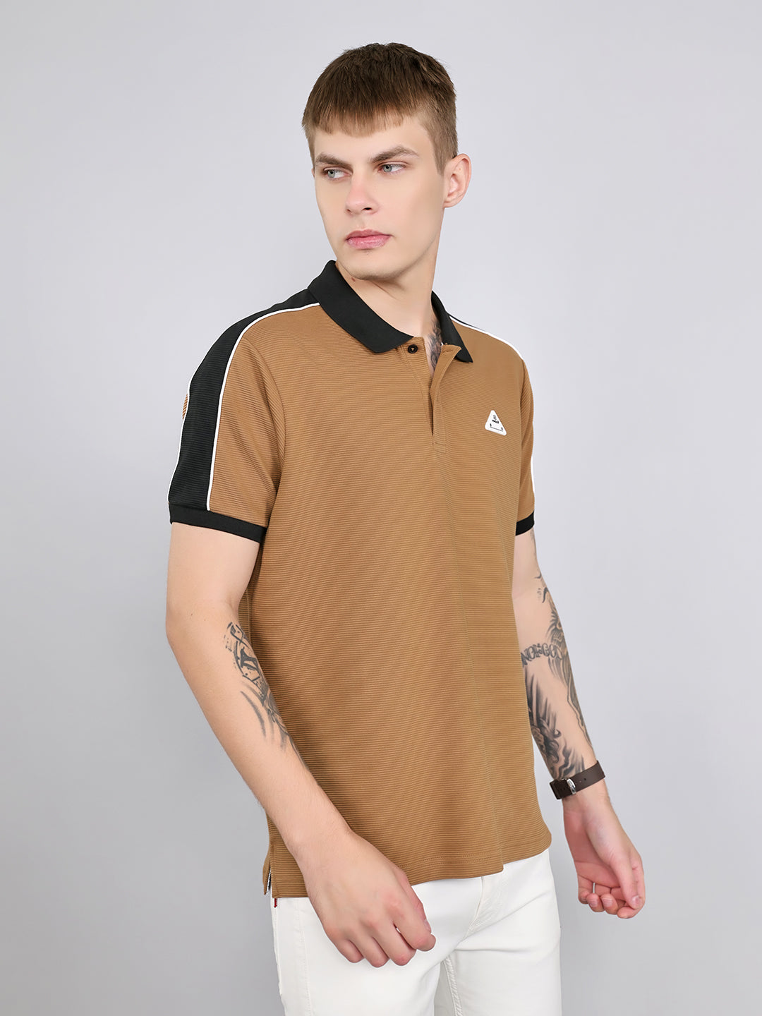 Rock.it Men Camel Brown Self Design Collar Half Sleeve T-Shirt