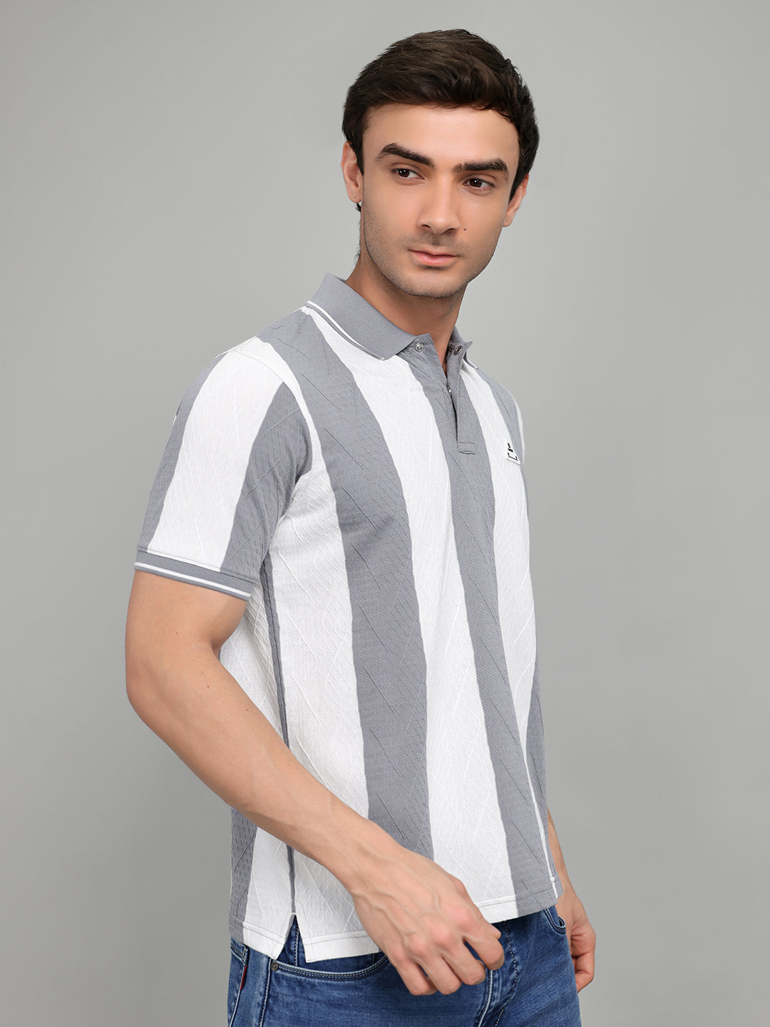 Rock.it Men Grey & White Stripe Collar Half Sleeve T-Shirt