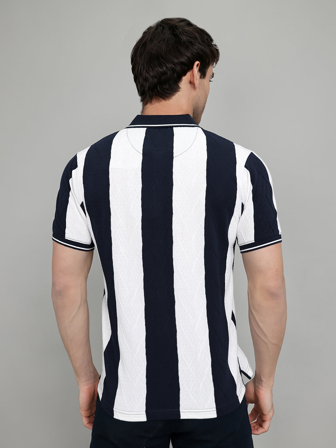 Rock.it Men Navy Blue & White Stripe Collar Half Sleeve T-Shirt