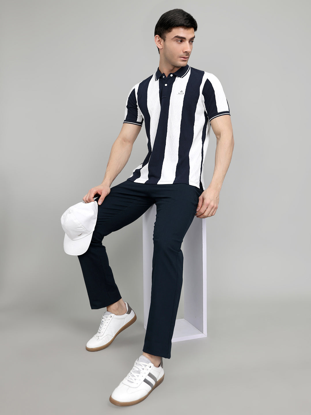 Rock.it Men Navy Blue & White Stripe Collar Half Sleeve T-Shirt