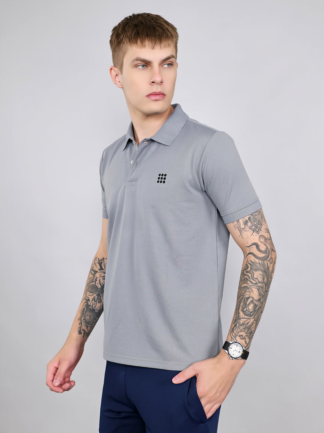 Rock.it Men Grey Jacquard Collar Half Sleeve T-Shirt