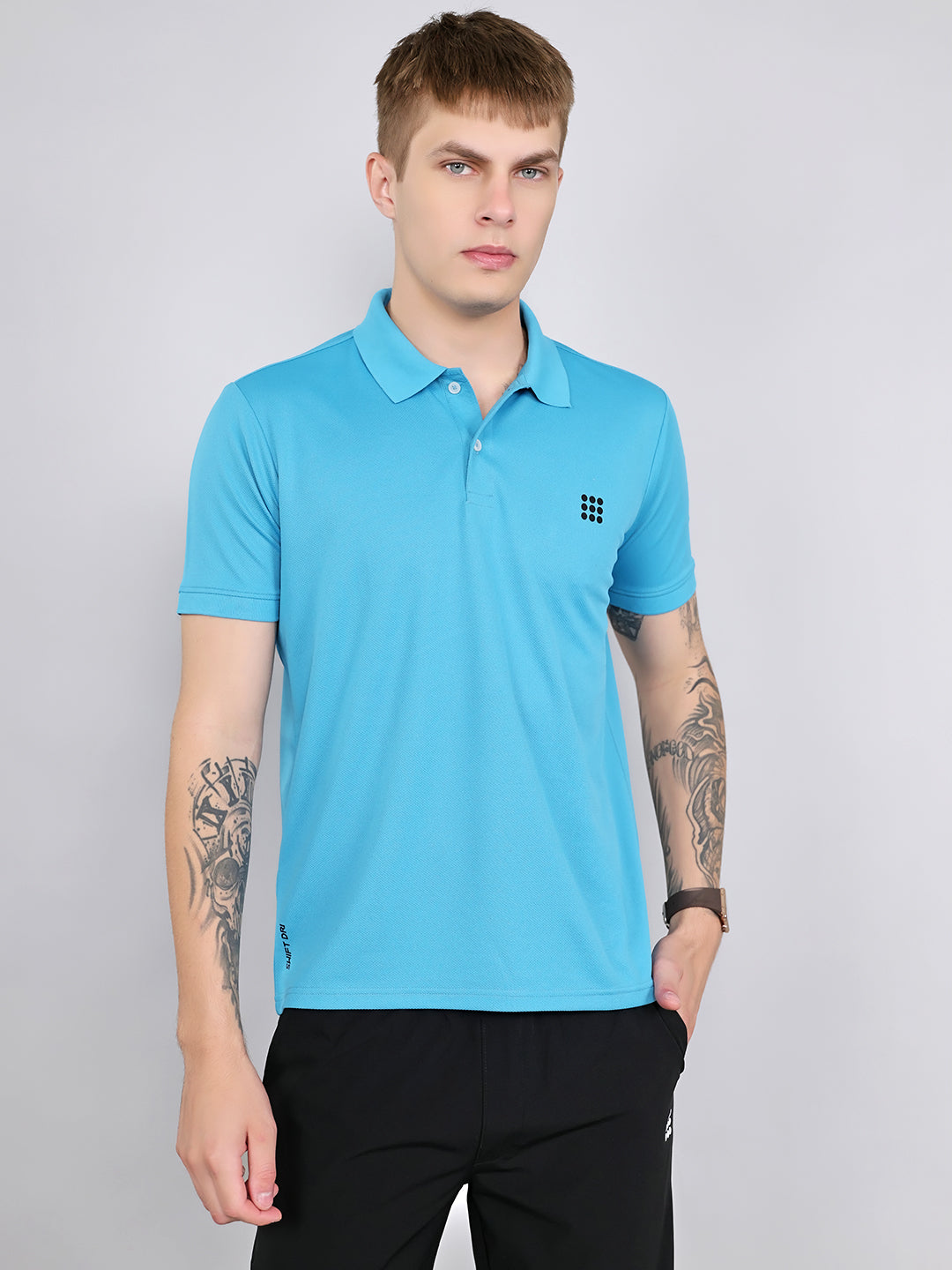Rock.it Men Blue Jacquard Collar Half Sleeve T-Shirt