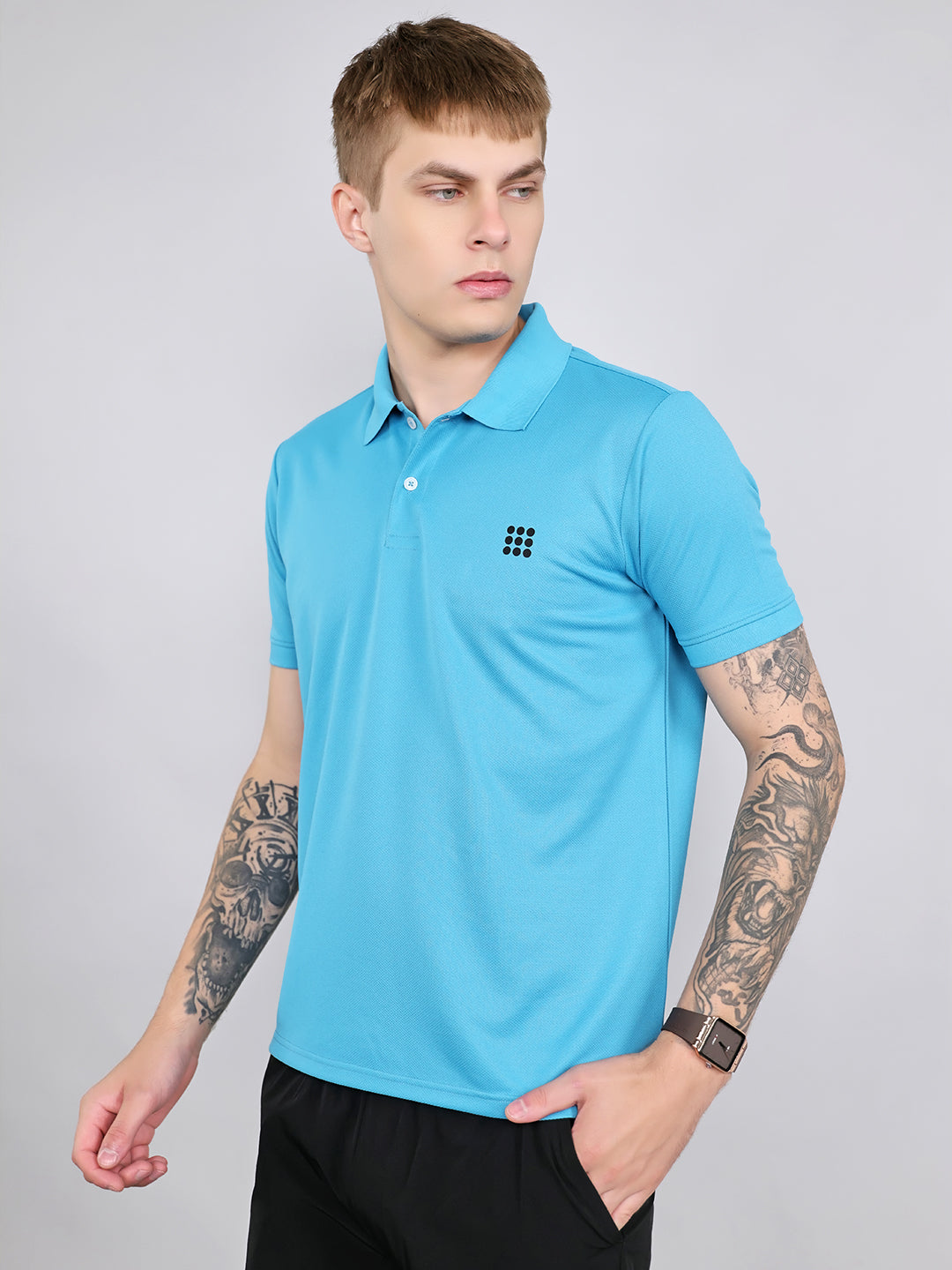 Rock.it Men Blue Jacquard Collar Half Sleeve T-Shirt