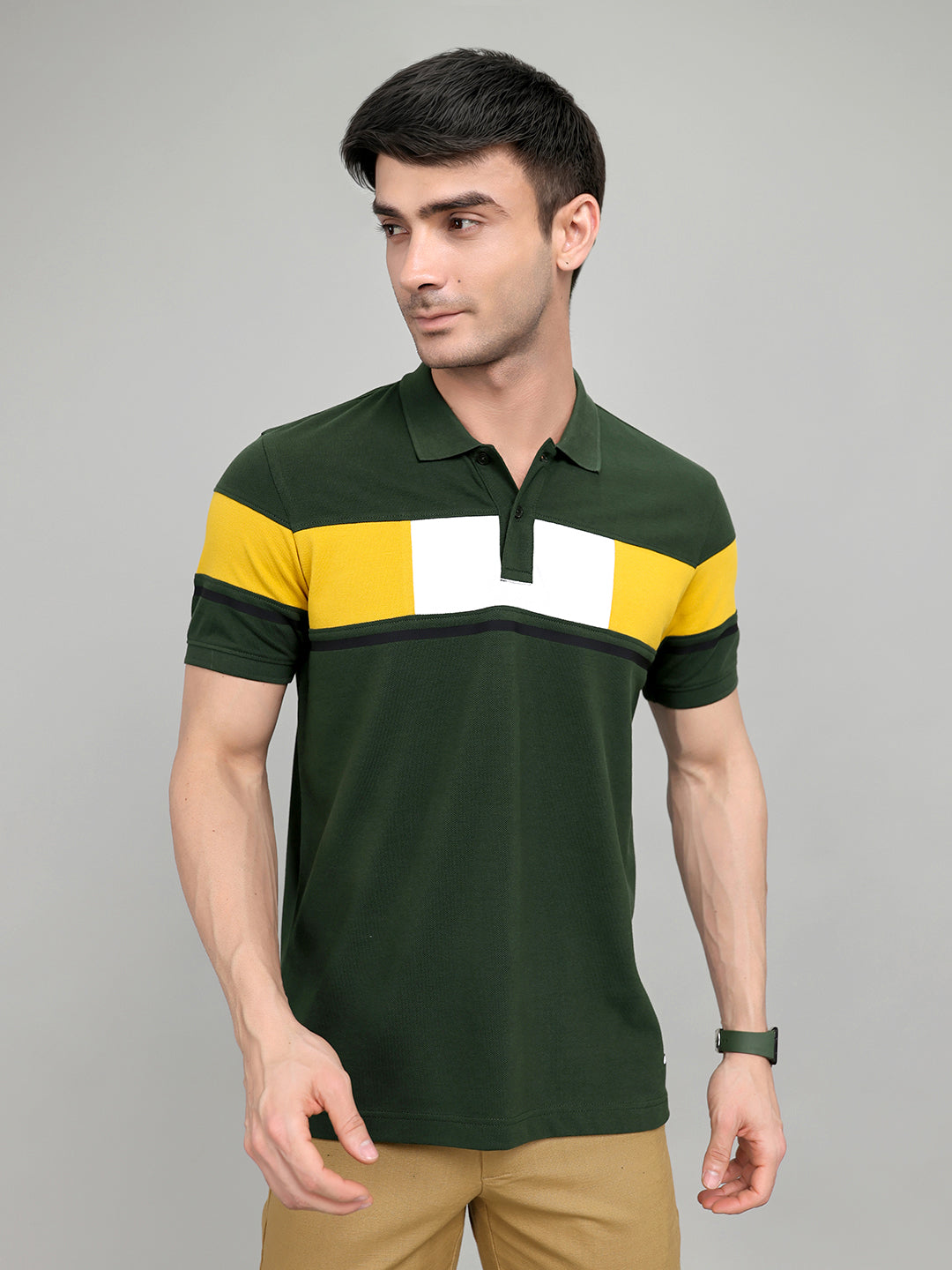 Rock.it Men Olive Colourblocked Collar Half Sleeve T-Shirt