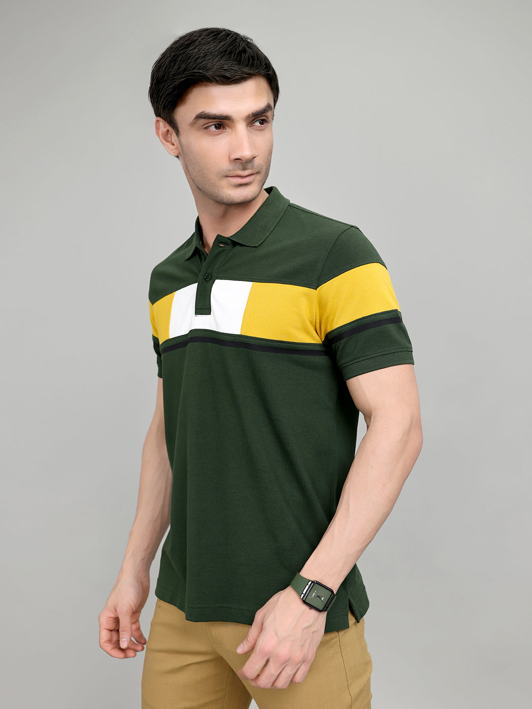 Rock.it Men Olive Colourblocked Collar Half Sleeve T-Shirt