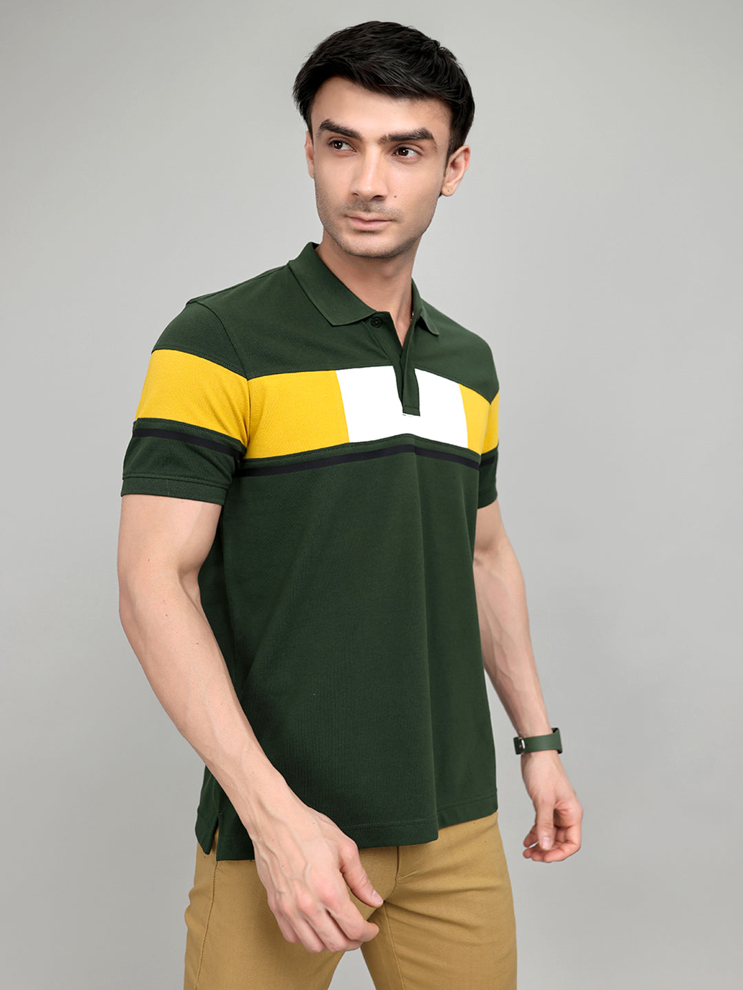 Rock.it Men Olive Colourblocked Collar Half Sleeve T-Shirt